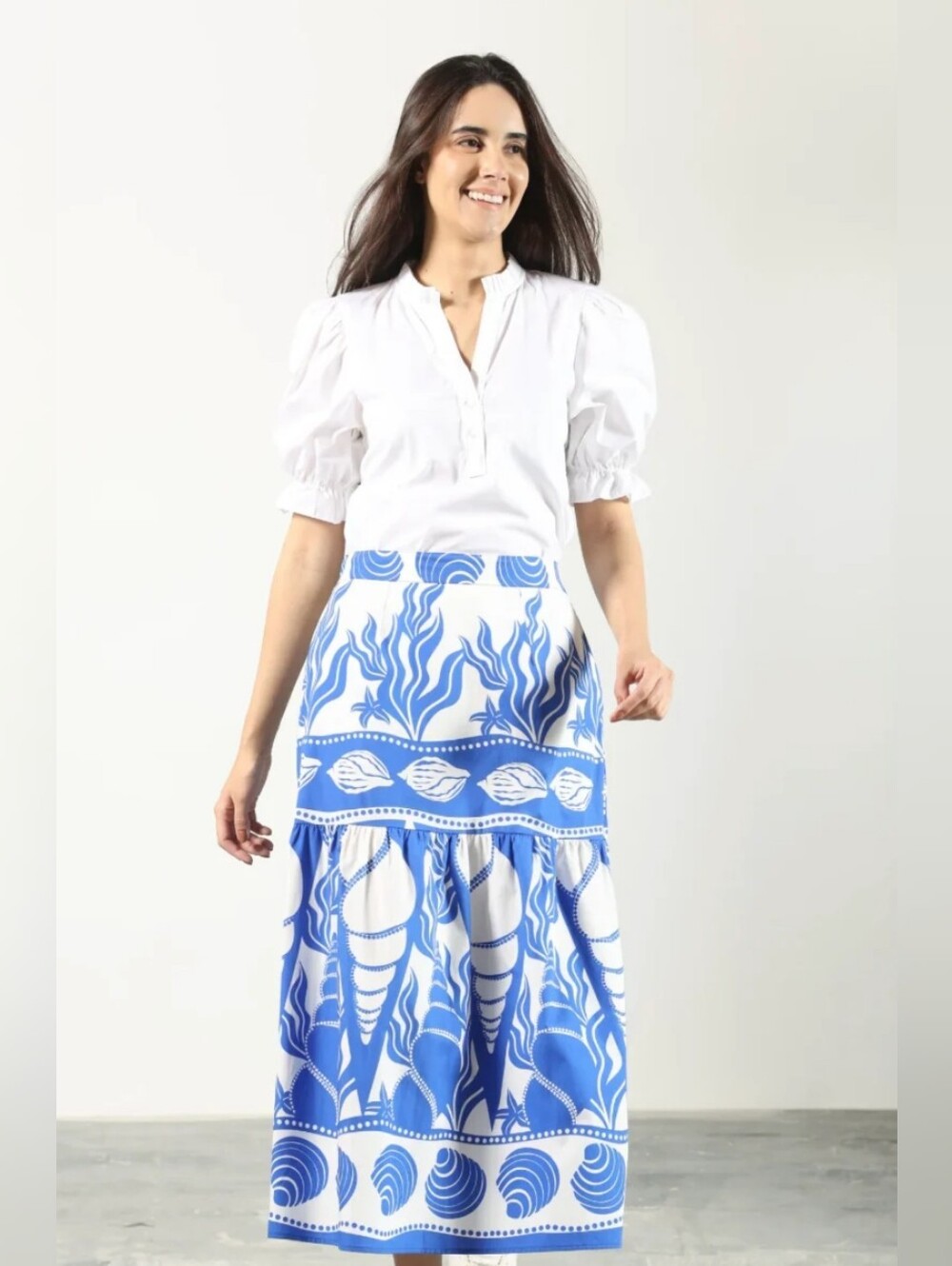 Muade Vivante NWT Women's Blue & White Seashell Patterned Maxi Skirt
